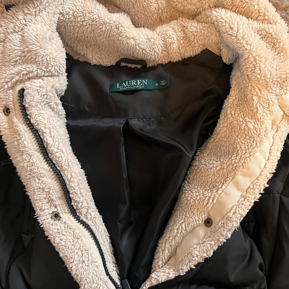 Lauren Ralph Lauren down feather Black Puffer Coat with Cream Hood size small - Picture 4 of 8